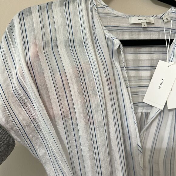 NWT Vince Womens Dress White Blue Drapey Stripe Shirred Short Sleeve Midi $375 - Picture 4 of 11